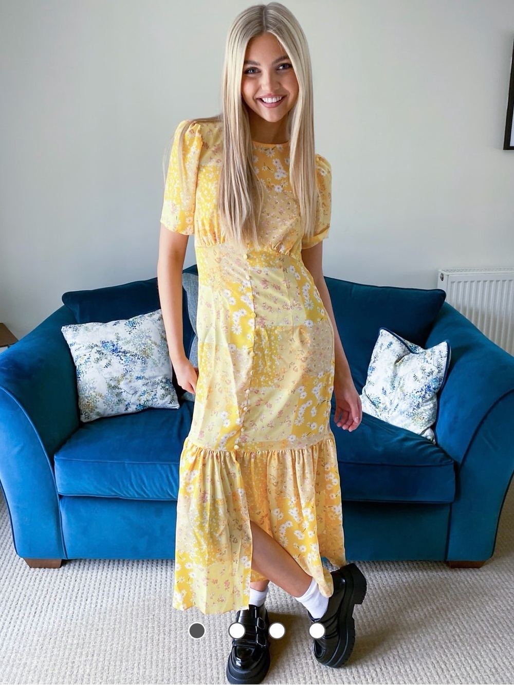 ASOS DESIGN pephem midi tea dress in yellow floral print